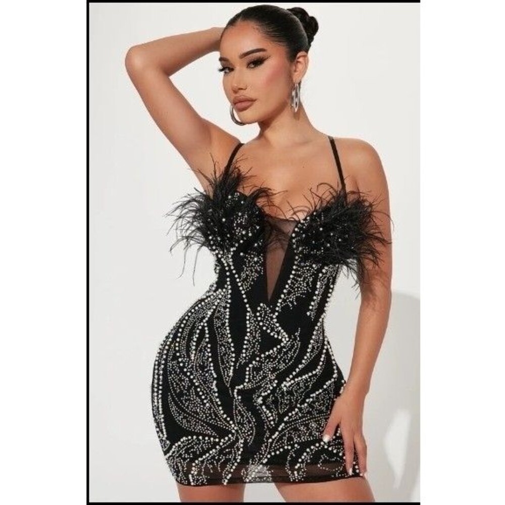 NWT Fashion Nova Maya Embellishmented Mini Dress Black Glam Large